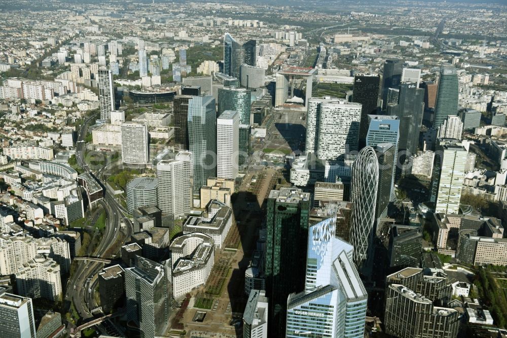 Paris from the bird's eye view: La Defense- City center with the skyline in the downtown area in Paris in Ile-de-France, France