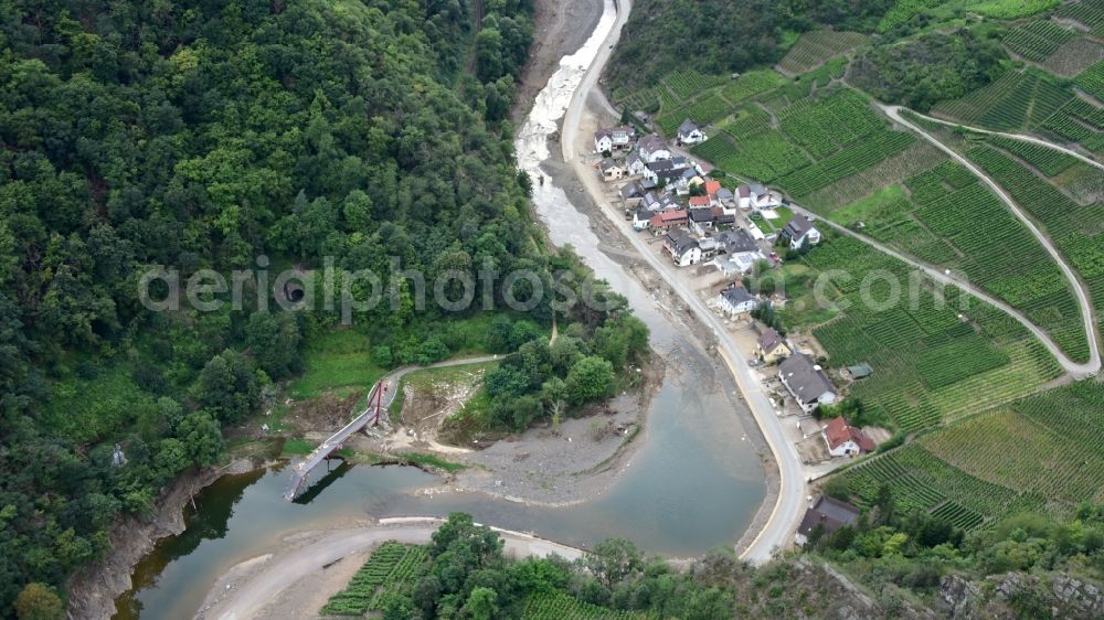 Mayschoß from the bird's eye view: Laach after the flood disaster in the Ahr valley this year in the state Rhineland-Palatinate, Germany. In the foreground the destroyed pedestrian suspension bridge