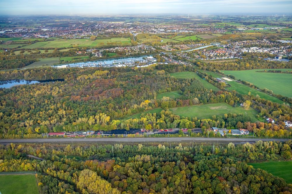 Aerial image Bergkamen - Bearing surface for used tires in the industrial area on street Werner Strasse in Bergkamen in the state North Rhine-Westphalia, Germany
