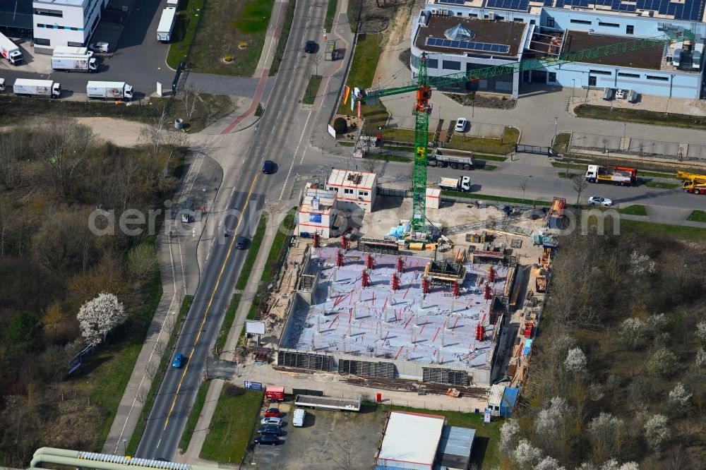 Berlin from the bird's eye view: Construction site for the new construction of a self-storage warehouse Zu den Kruegerwiesen corner Pablo-Picasso-Strasse in Berlin, Germany