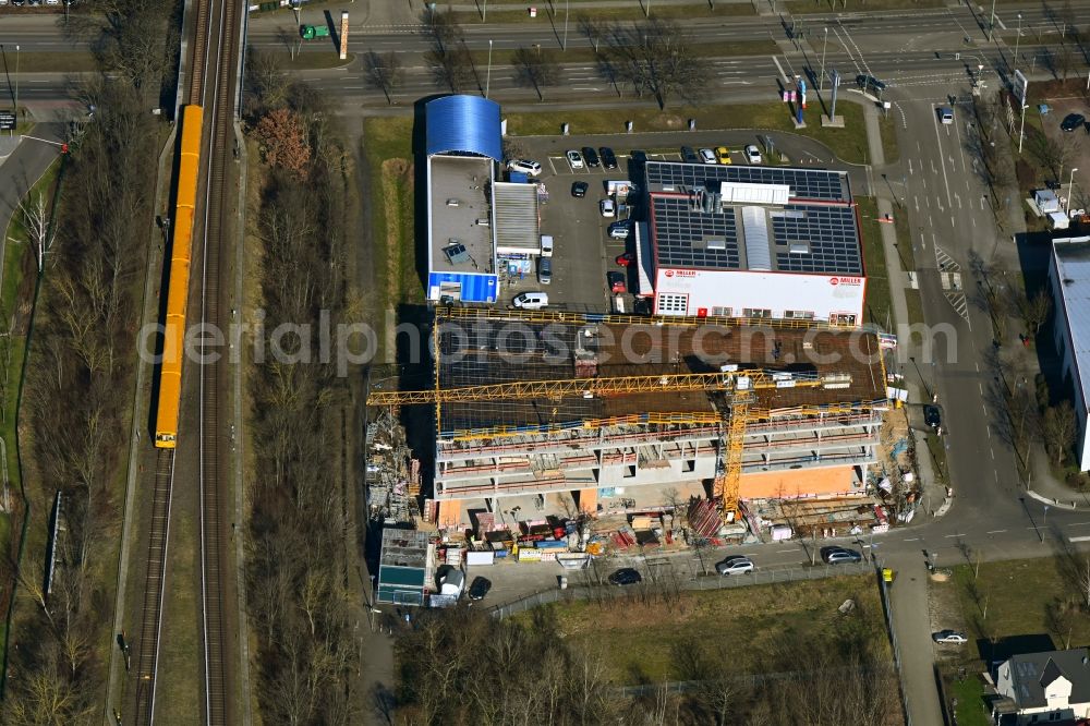 Berlin from above - Construction site of Storage house and self-storage warehouse on Wohnhauses Lauinger Strasse corner Tychyer Strasse in the district Biesdorf in Berlin, Germany