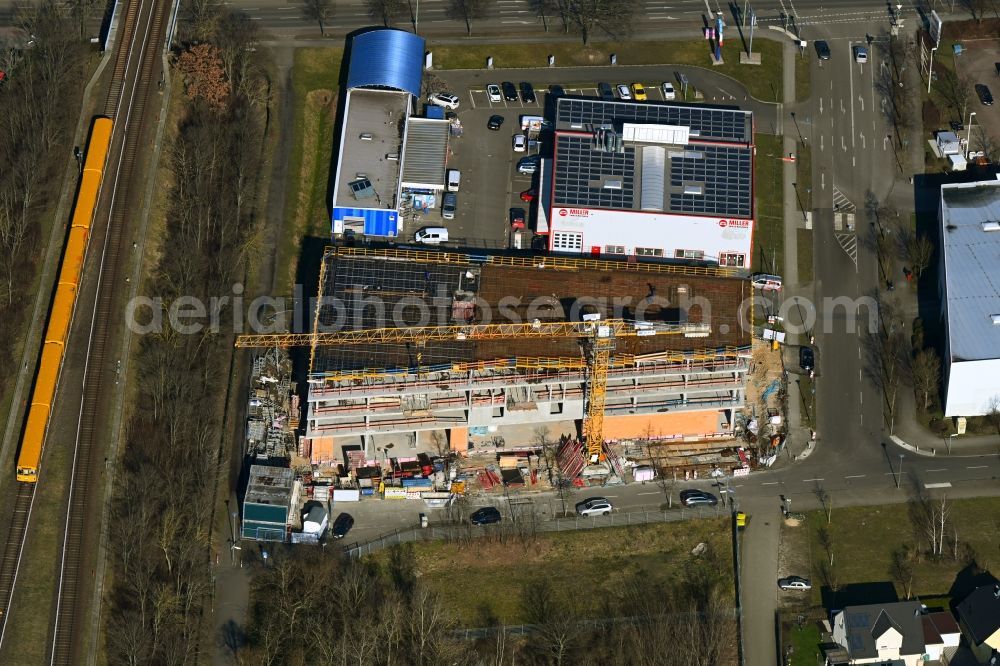 Berlin from the bird's eye view: Construction site of Storage house and self-storage warehouse on Wohnhauses Lauinger Strasse corner Tychyer Strasse in the district Biesdorf in Berlin, Germany