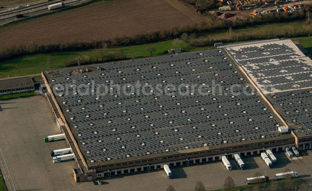 Ettenheim from above - Warehouses and forwarding building of ALDI Mahlberg Unternehmensgruppe ALDI SUeD on Rotackerstrasse in Orschweier in the state Baden-Wurttemberg, Germany