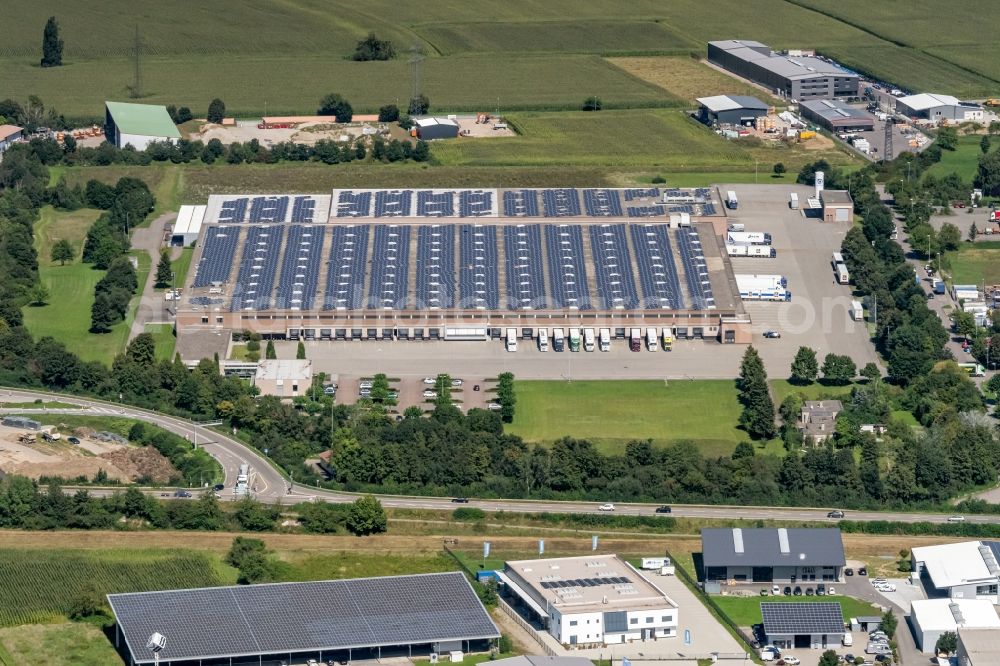 Aerial image Ettenheim - Warehouses and forwarding building of ALDI Mahlberg Unternehmensgruppe ALDI SUeD on Rotackerstrasse in Orschweier in the state Baden-Wurttemberg, Germany