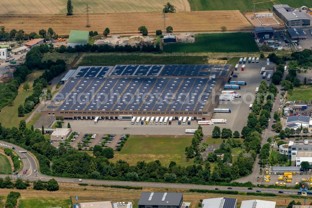 Orschweier from above - Warehouses and forwarding building of ALDI Mahlberg Unternehmensgruppe ALDI SUeD on Rotackerstrasse in Orschweier in the state Baden-Wurttemberg, Germany