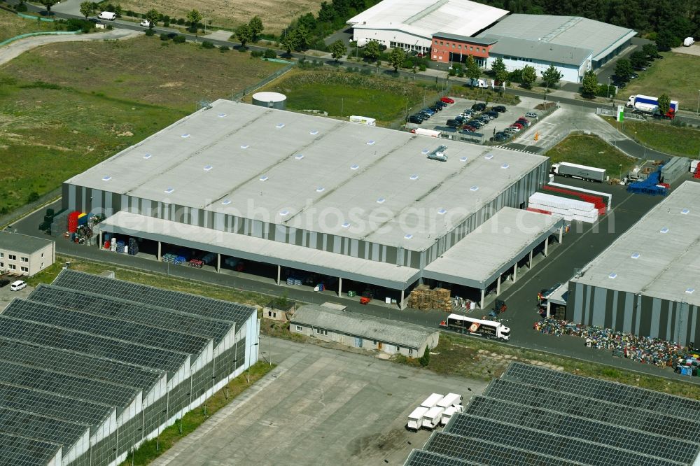 Grünheide (Mark) from above - Warehouses and forwarding building DGL Lagerlogistik Freienbrink GmbH&KG on Grosse Lindenstrasse in the district Freienbrink in Gruenheide (Mark) in the state Brandenburg, Germany