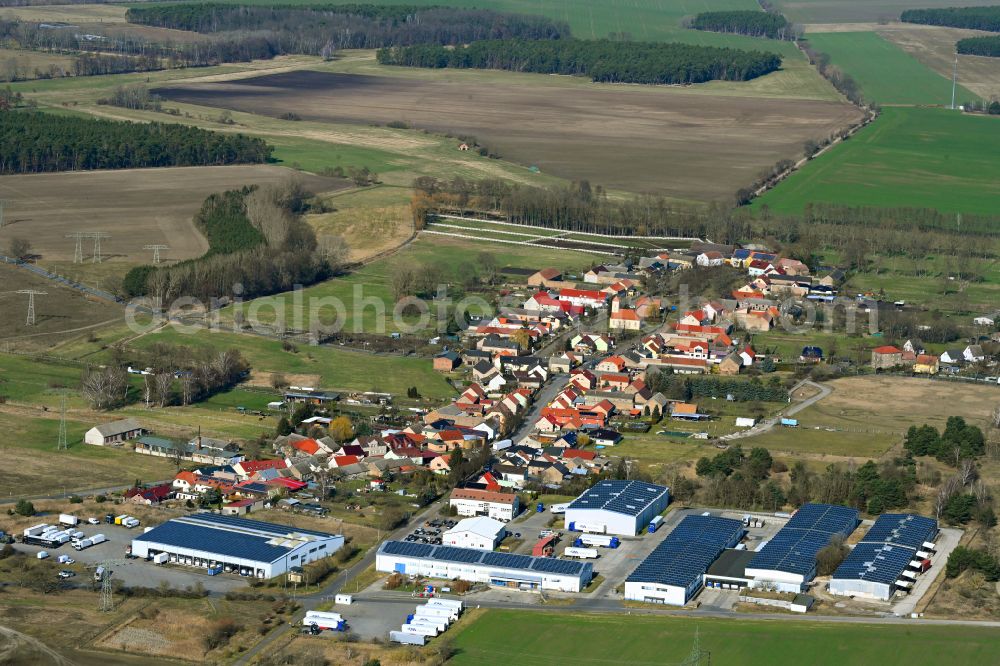 Aerial photograph Nunsdorf - Warehouses and forwarding building DSS Logistik GmbH on street Dorfstrasse in Nunsdorf in the state Brandenburg, Germany