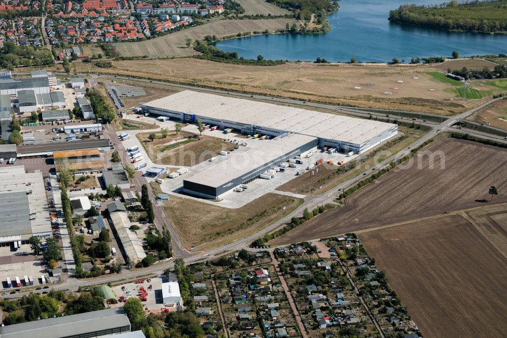 Aerial image Halle (Saale) - Warehouses and forwarding building on Grenzstrasse in the district Bueschdorf in Halle (Saale) in the state Saxony-Anhalt, Germany