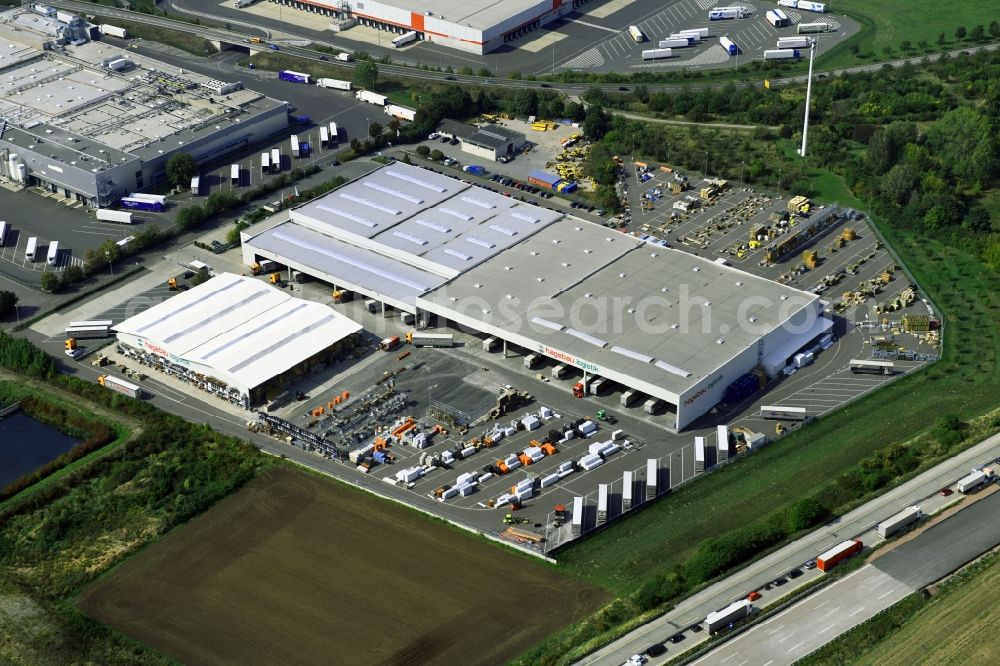 Meineweh from above - Warehouses and forwarding building hagebau Logistik GmbH on Kirchweg in the district Schleinitz in Meineweh in the state Saxony-Anhalt, Germany
