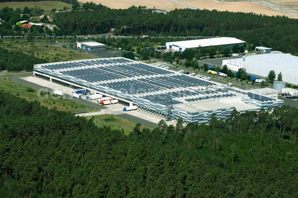 Aerial image Grünheide (Mark) - Warehouses and forwarding building Lidl Vertriebs-GmbH & Co. KG on Ahornstrasse in the district Freienbrink in Gruenheide (Mark) in the state Brandenburg, Germany