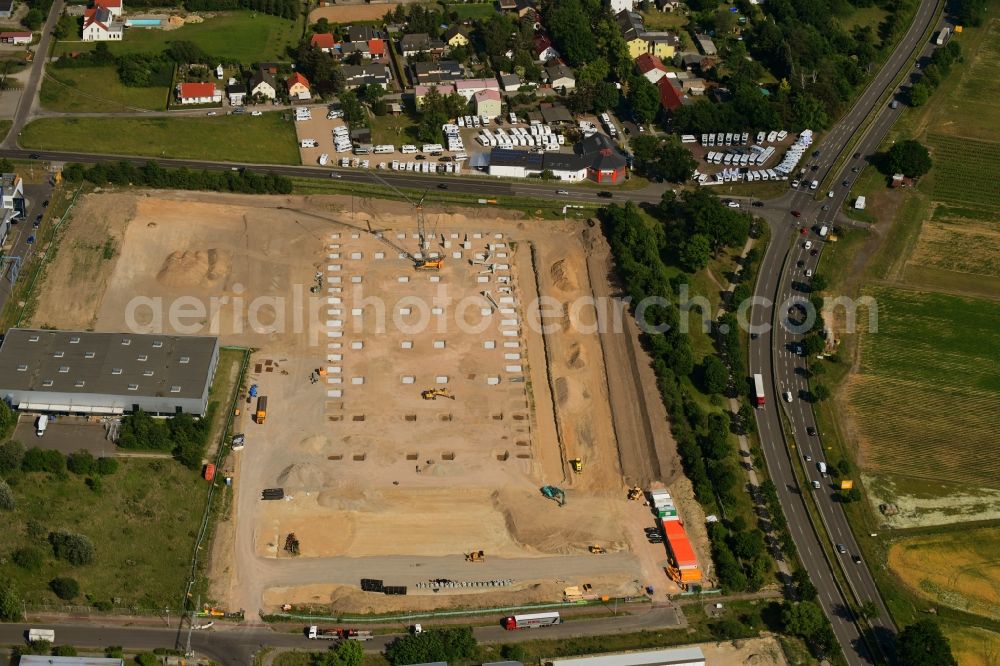 Hoppegarten from above - Construction site for a warehouse and forwarding building Digitalstrasse- Neuer Hoenower Weg on federal street B1 in the district Dahlwitz-Hoppegarten in Hoppegarten in the state Brandenburg, Germany