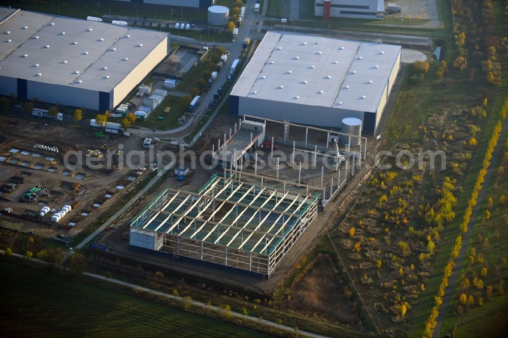 Schönefeld from above - Construction site for a warehouse and forwarding building An den Gehren - Mizarstrasse in Schoenefeld in the state Brandenburg, Germany