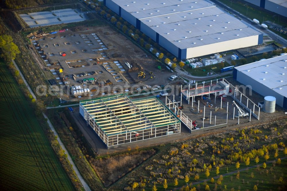 Aerial photograph Schönefeld - Construction site for a warehouse and forwarding building An den Gehren - Mizarstrasse in Schoenefeld in the state Brandenburg, Germany