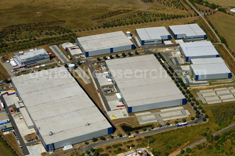 Aerial image Schönefeld - Construction site for a warehouse and forwarding building An den Gehren - Mizarstrasse in Schoenefeld in the state Brandenburg, Germany