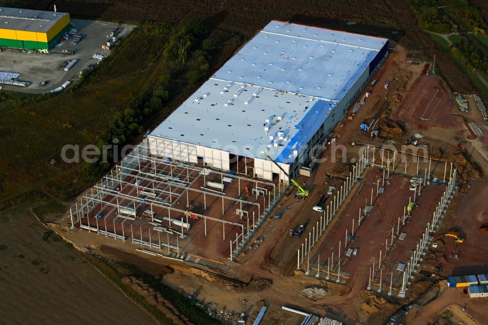 Magdeburg from above - Construction site for a warehouse and forwarding building on Grabower Strasse in the district Gewerbegebiet Nord in Magdeburg in the state Saxony-Anhalt, Germany
