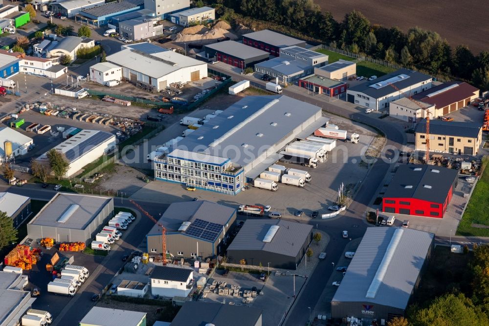 Eggenstein-Leopoldshafen from above - Warehouses and forwarding building of Spedition Friedrich Kastner GmbH in Eggenstein-Leopoldshafen in the state Baden-Wuerttemberg, Germany