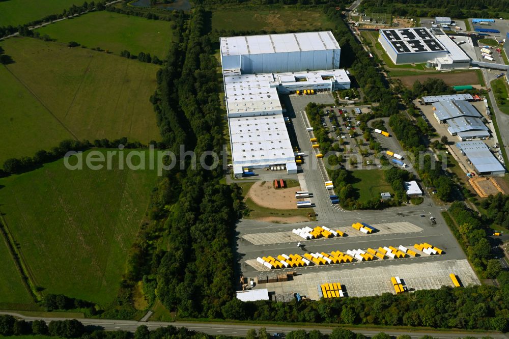 Aerial image Gallin - Warehouses and forwarding building of Tchibo GmbH on street Am Heisterbusch in Gallin in the state Mecklenburg - Western Pomerania, Germany