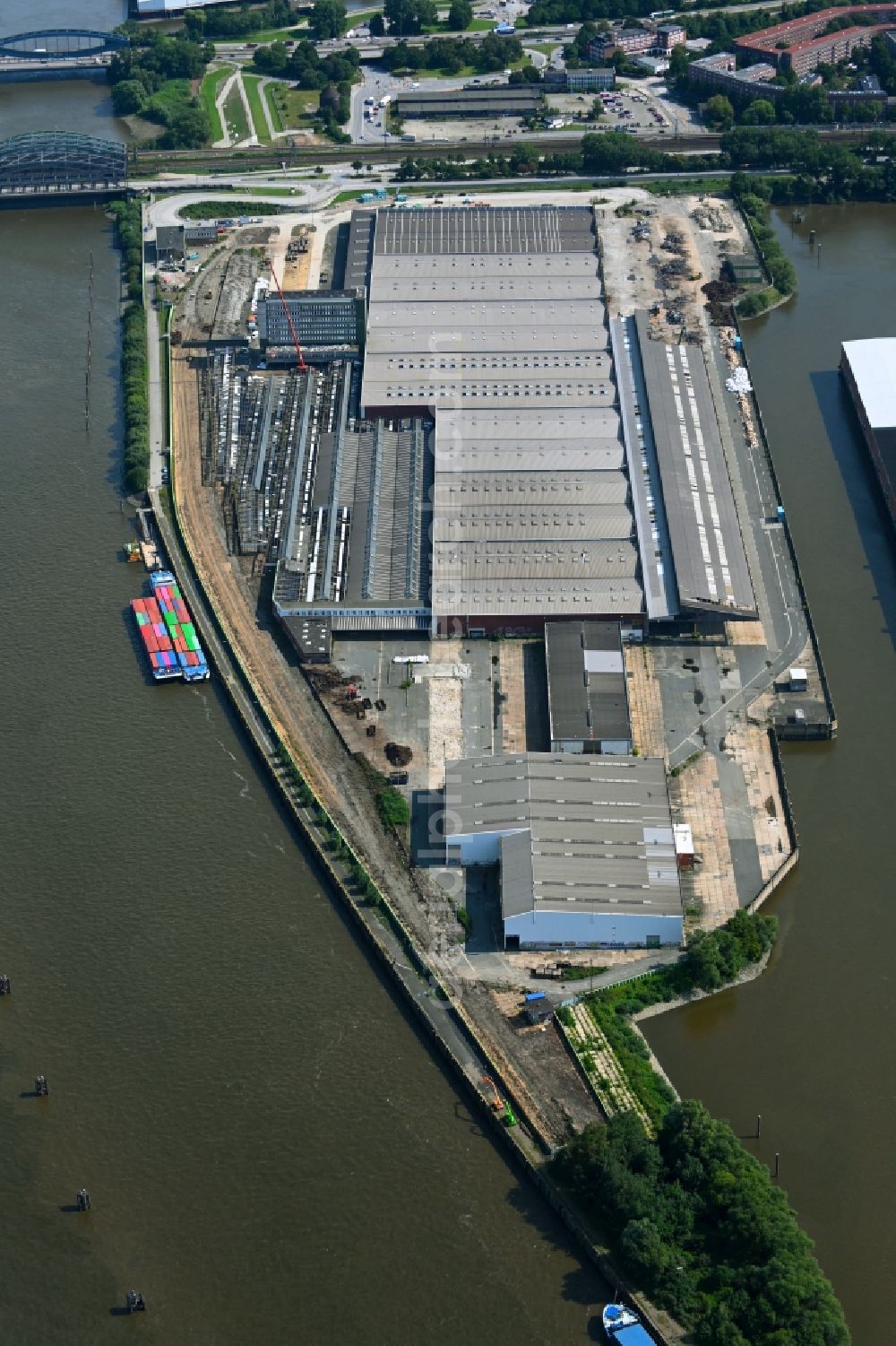 Hamburg from above - Warehouses and forwarding building of TCO Transcargo GmbH in the district Kleiner Grasbrook in Hamburg, Germany