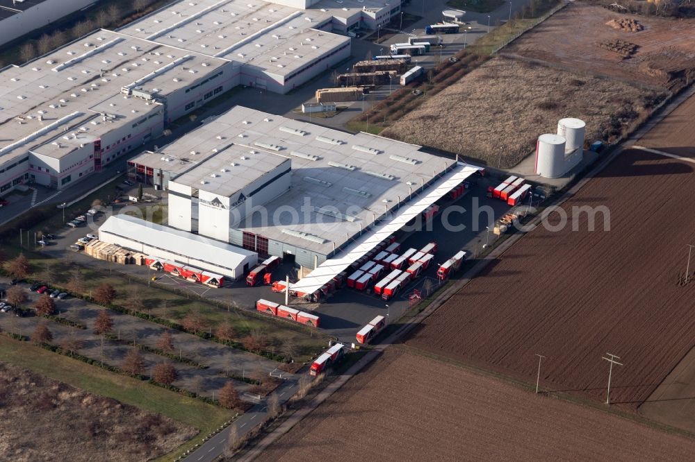 Offenbach an der Queich from the bird's eye view: Warehouses and forwarding building of Tricor Packaging & Logistics AG in Offenbach an der Queich in the state Rhineland-Palatinate, Germany