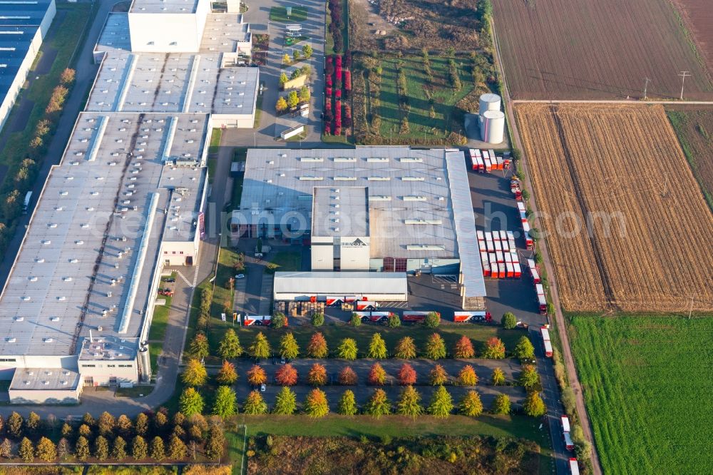 Offenbach an der Queich from above - Warehouses and forwarding building of Tricor Packaging & Logistics AG in Offenbach an der Queich in the state Rhineland-Palatinate, Germany