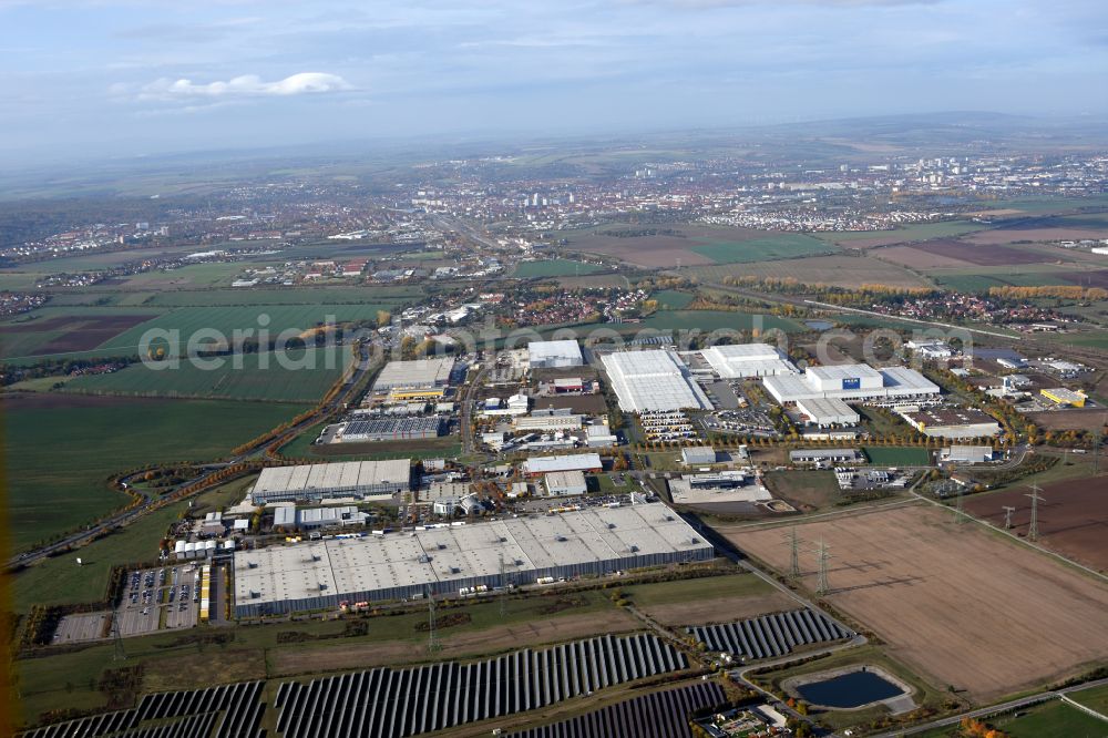 Aerial photograph Erfurt - Warehouse complex-building in the industrial area on street Bei den Froschaeckern in the district Linderbach in Erfurt in the state Thuringia, Germany