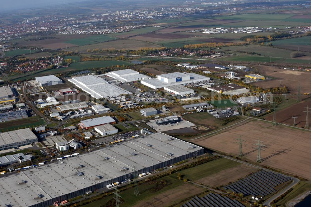Erfurt from the bird's eye view: Warehouse complex-building in the industrial area on street Bei den Froschaeckern in the district Linderbach in Erfurt in the state Thuringia, Germany