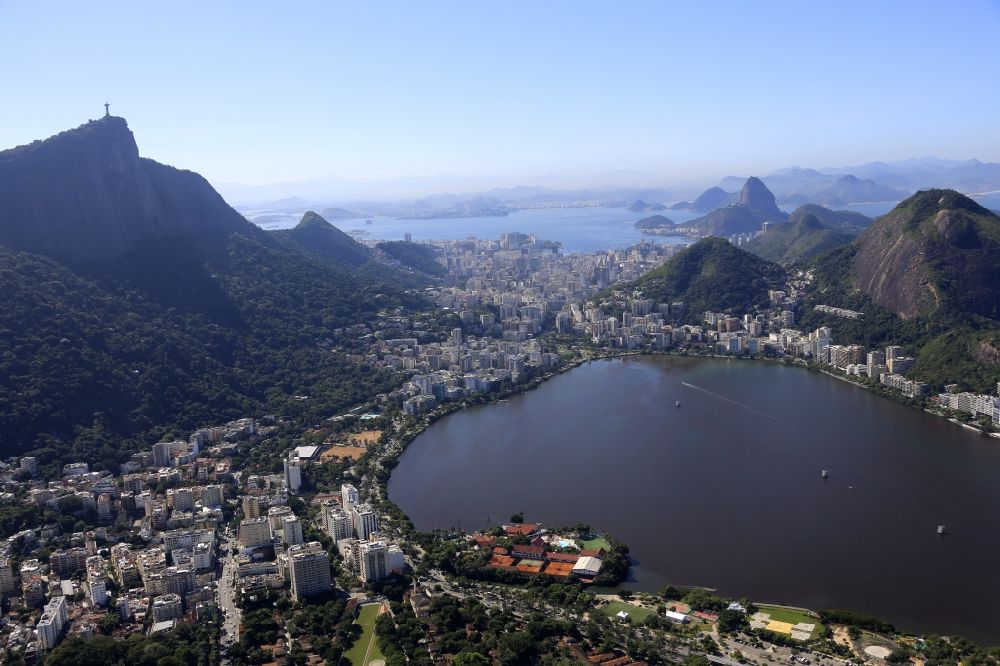 Rio de Janeiro from the bird's eye view: Lagoon Lagoa Rodrigo de Freitas in Rio de Janeiro in Brazil. Summer Olympics venue of XXI. Olympics
