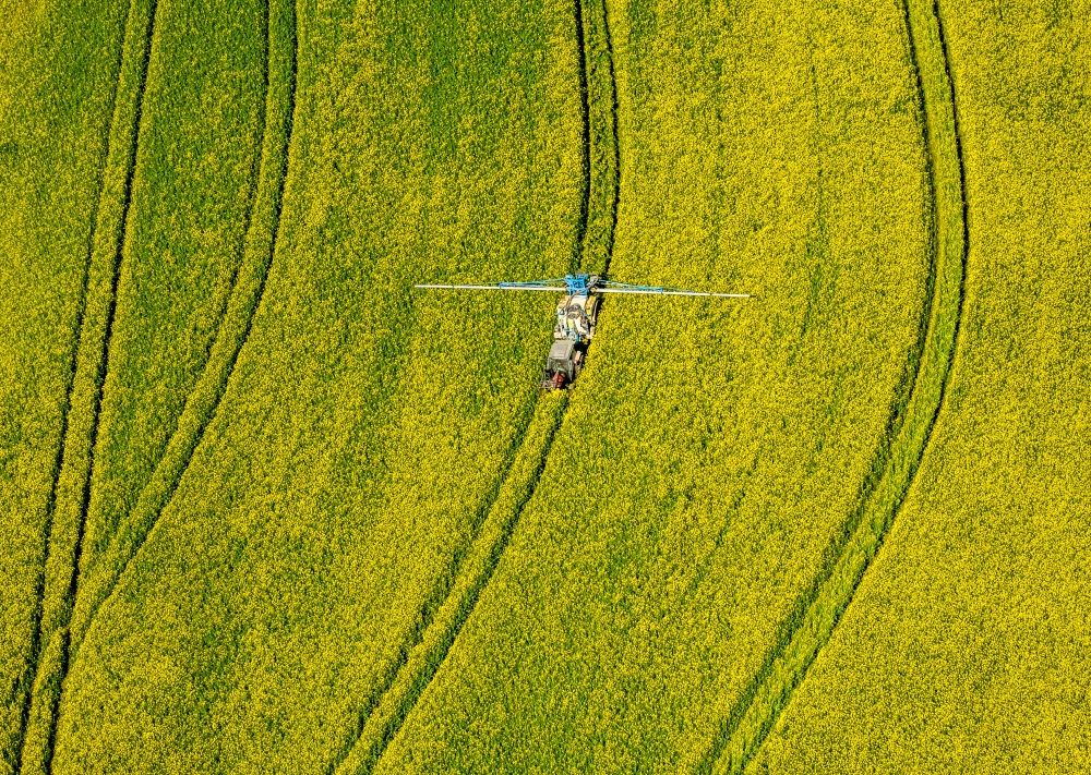 Uelde from above - Farm equipment used for fertilizing yellow fields in Uelde in the state North Rhine-Westphalia, Germany