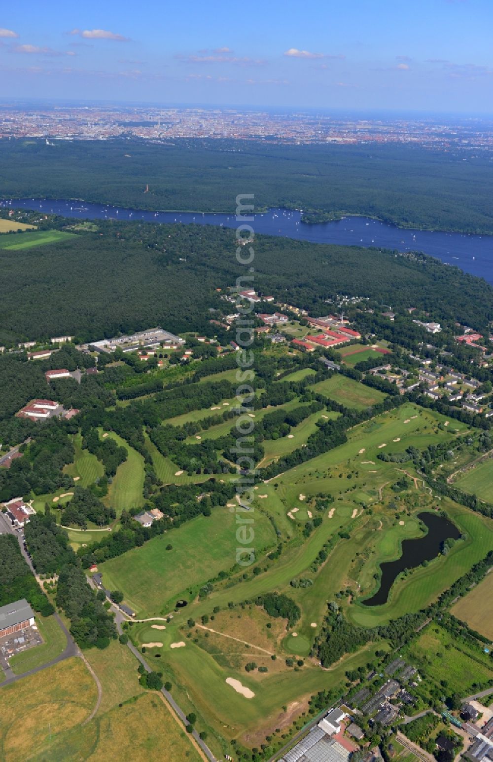 Berlin from above - Landscape along the golf course of the Berliner Golf Club Gatow eV on the shores of the Wannsee district of Berlin Gatow