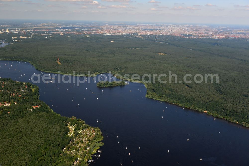 Berlin from above - Landscape along the river banks of the Wannsee Grunewald in the district of Charlottenburg-Wilmersdorf in Berlin