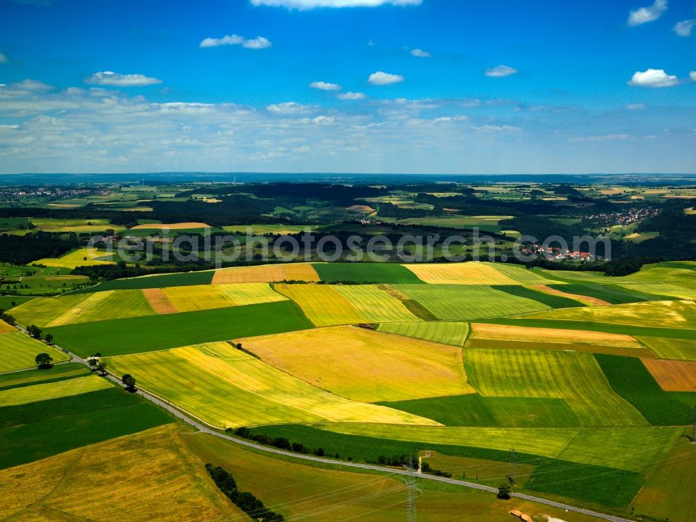 Stühlingen OT Bettmaringen from the bird's eye view: Landscape of fields of agriculture near Bettmaringen in the state of Baden-Württemberg