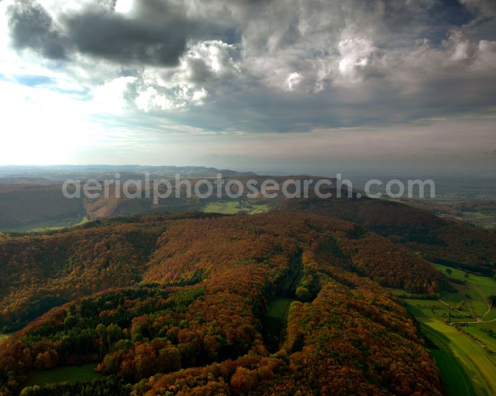 Göppingen from the bird's eye view: Landscape in the county district of Göppingen in the state of Baden-Württemberg. Acres, fields, forests and greens are covered by clouds and lie in the sun. The region is in the outland of the Schwäbische Alb area. The region is well known as a recreational area and for its hiking tracks and rock climbing sites
