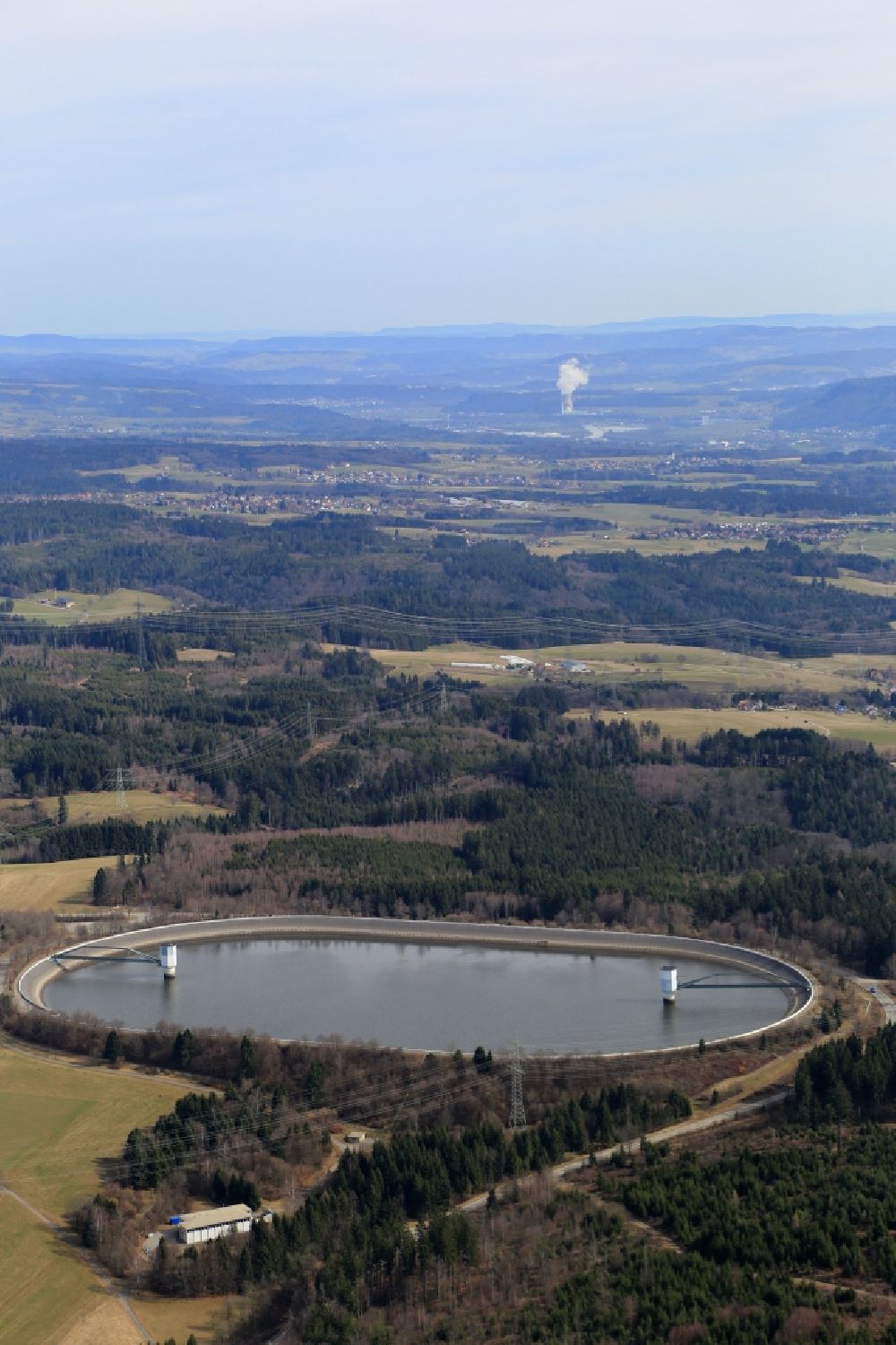 Aerial image Rickenbach - Landscape in the Hotzenwald in the Southern Black Forest with the storage reservoir Eggbergbecken in the state Baden-Wuerttemberg. Looking to the nuklear power plant Leibstadt in the Rhine valley in Switzerland