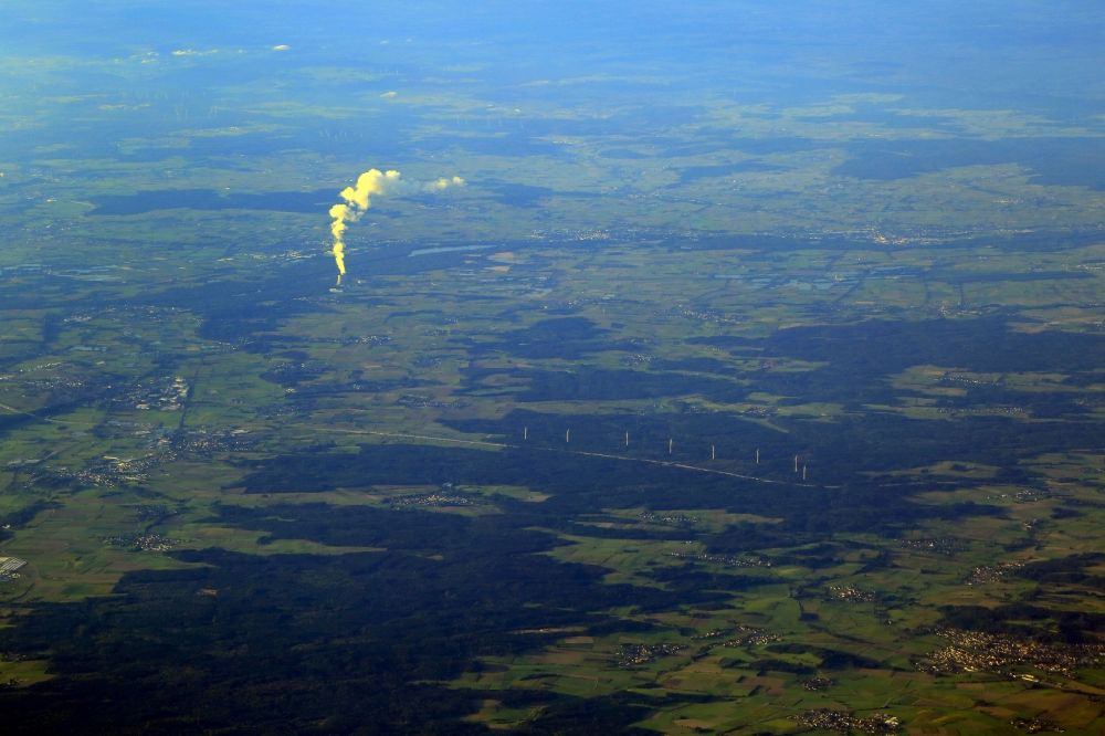 Gundremmingen from above - Steam column of the cooling tower of the NPP nuclear power plant in Gundremmingen in the landscape of rural district Guenzburg in the state Bavaria, Germany