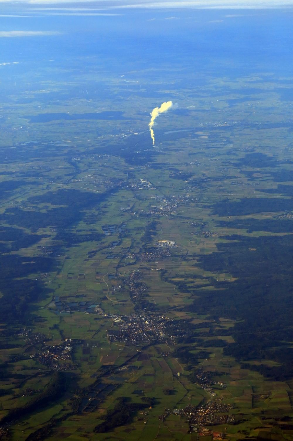 Gundremmingen from the bird's eye view: Steam column of the cooling tower of the NPP nuclear power plant in Gundremmingen in the landscape of rural district Guenzburg in the state Bavaria, Germany