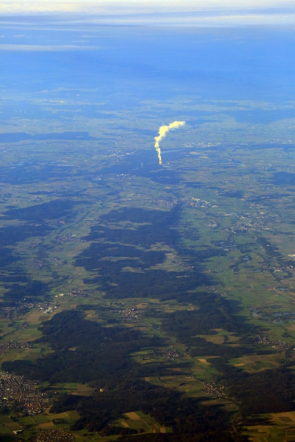 Aerial image Gundremmingen - Steam column of the cooling tower of the NPP nuclear power plant in Gundremmingen in the landscape of rural district Guenzburg in the state Bavaria, Germany