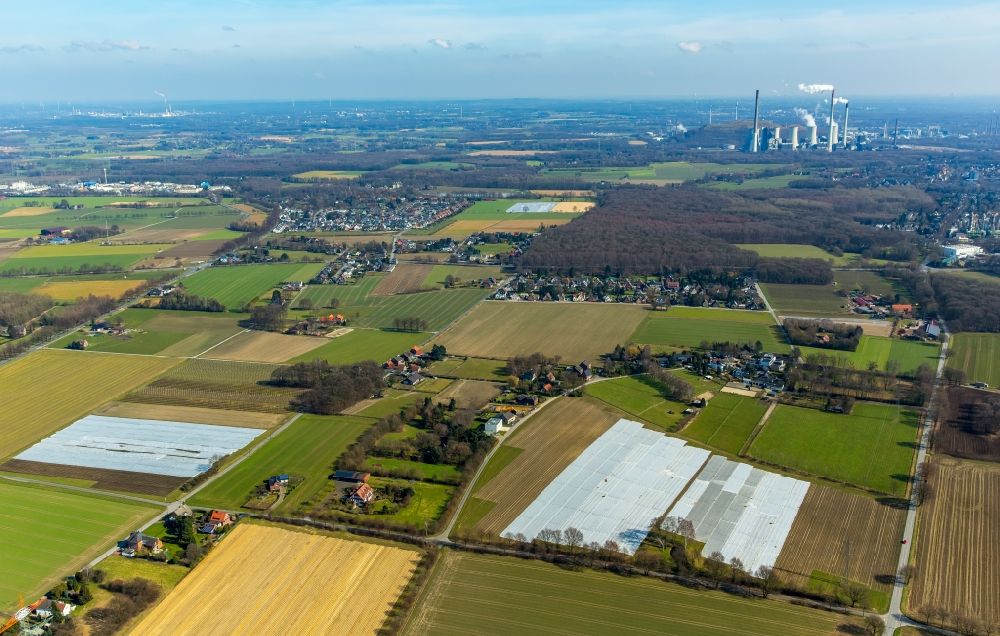 Aerial photograph Kirchhellen - View of the landscape in the East of Kirchhellen in the state of North Rhine-Westphalia. View of Feldhausen and the Scholven power plant in the background
