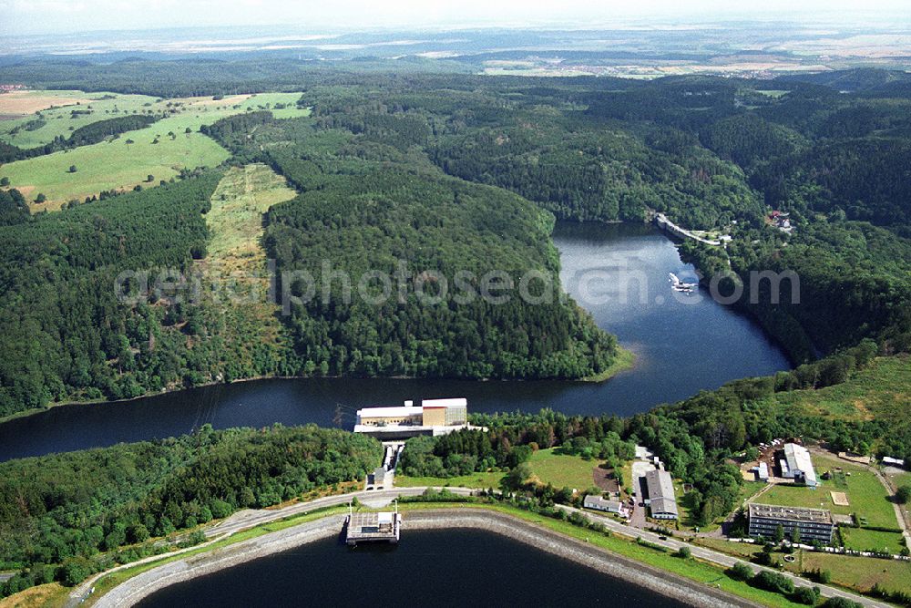 Thale from the bird's eye view: Landscape of Rappbodetalsperre, from an existing dam, water plant, power plant and water reservoir dam in the Harz in Saxony-Anhalt