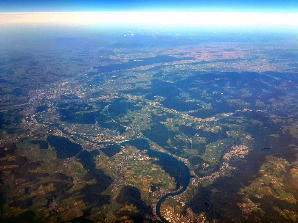 Bad Säckingen from above - Landscape at the course of the river Rhine in the area of Basle (left), Rheinfelden and Bad Saeckingen in the state Baden-Wurttemberg, Germany