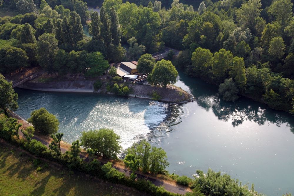 Marmirolo from the bird's eye view: Landscape of the of Mincio with a restaurant on river course in Lobardy, Italy