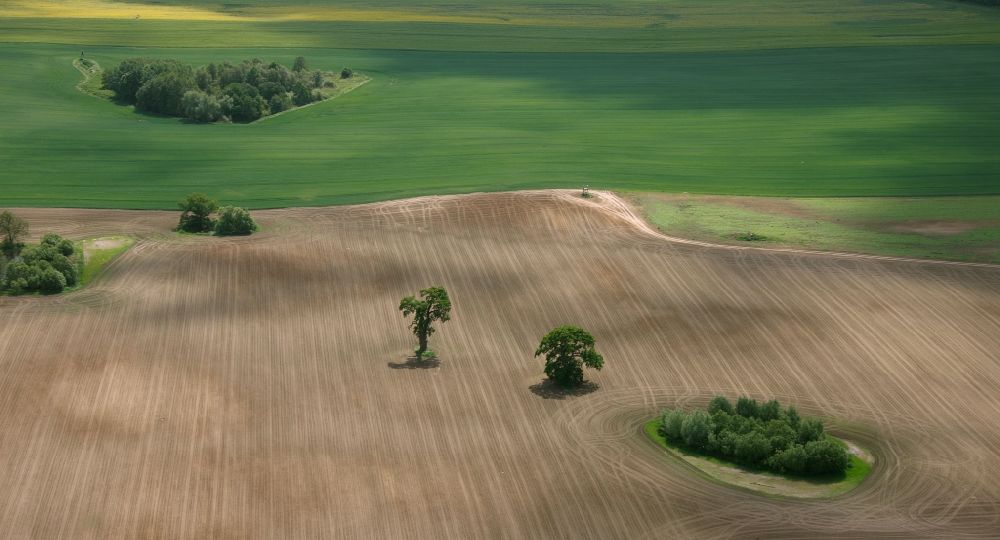 Ludorf from above - Landscape plowed fields with island-shaped tree and shrub vegetation in Ludorf in Mecklenburg - West Pomerania