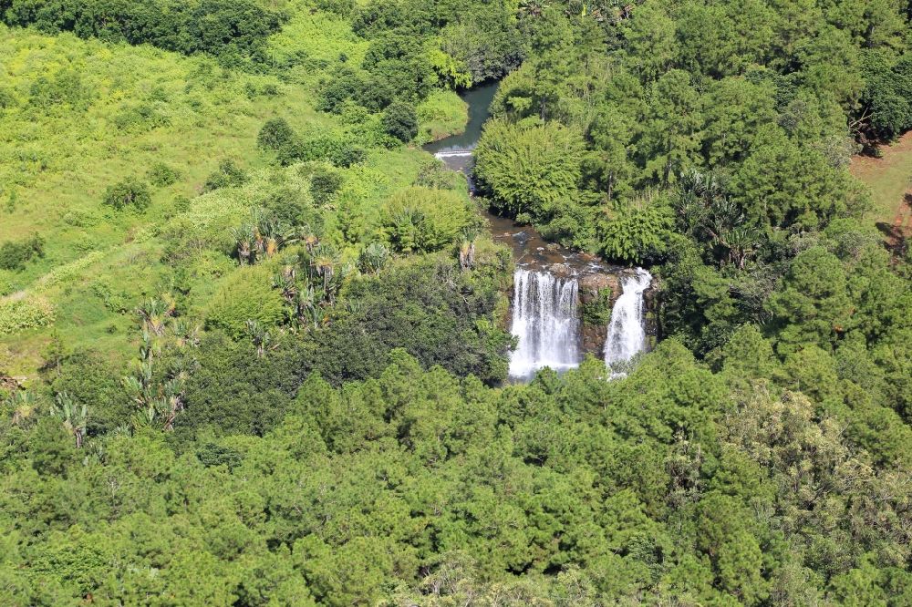 Aerial image La Flora - Field landscape and water fall at La Fora in the fertile south of Mauritius