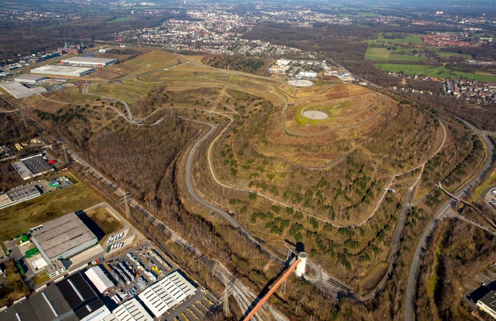 Herten from above - The stainless steel obelisk serves as a pointer to the horizontal sundial, located on the heap dump Hoheward, a landscape park in Herten in the Ruhr area in North Rhine-Westphalia