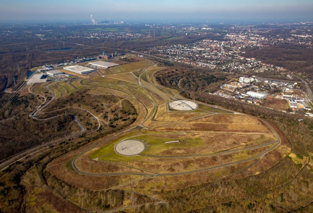 Aerial image Herten - The stainless steel obelisk serves as a pointer to the horizontal sundial, located on the heap dump Hoheward, a landscape park in Herten in the Ruhr area in North Rhine-Westphalia