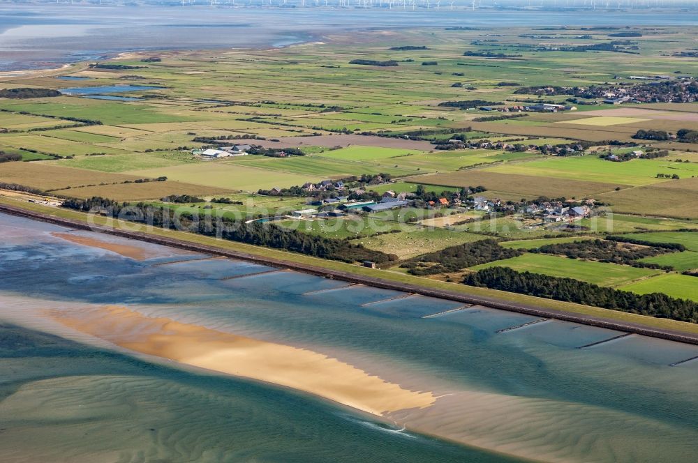 Dunsum from above - Agriculture and holiday homes in the west of the island of Foehr in the state Schleswig-Holstein, Germany