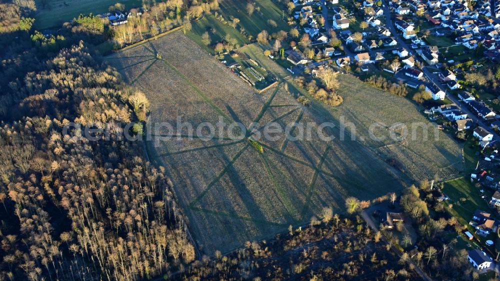 Bruchhausen from above - Agricultural area with hunting aisles in the state Rhineland-Palatinate, Germany