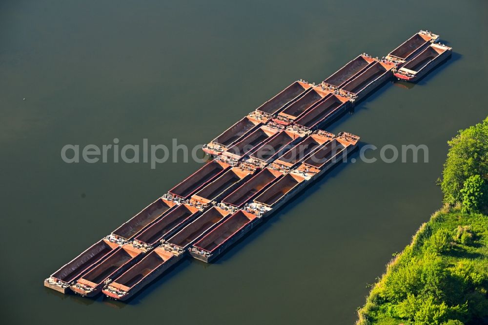 Groß Kreutz (Havel) from above - Barge towing formations - trains inland waterway transport in driving on the waterway of the river of Havel at the Trebelsee in Gross Kreutz (Havel) in the state Brandenburg, Germany