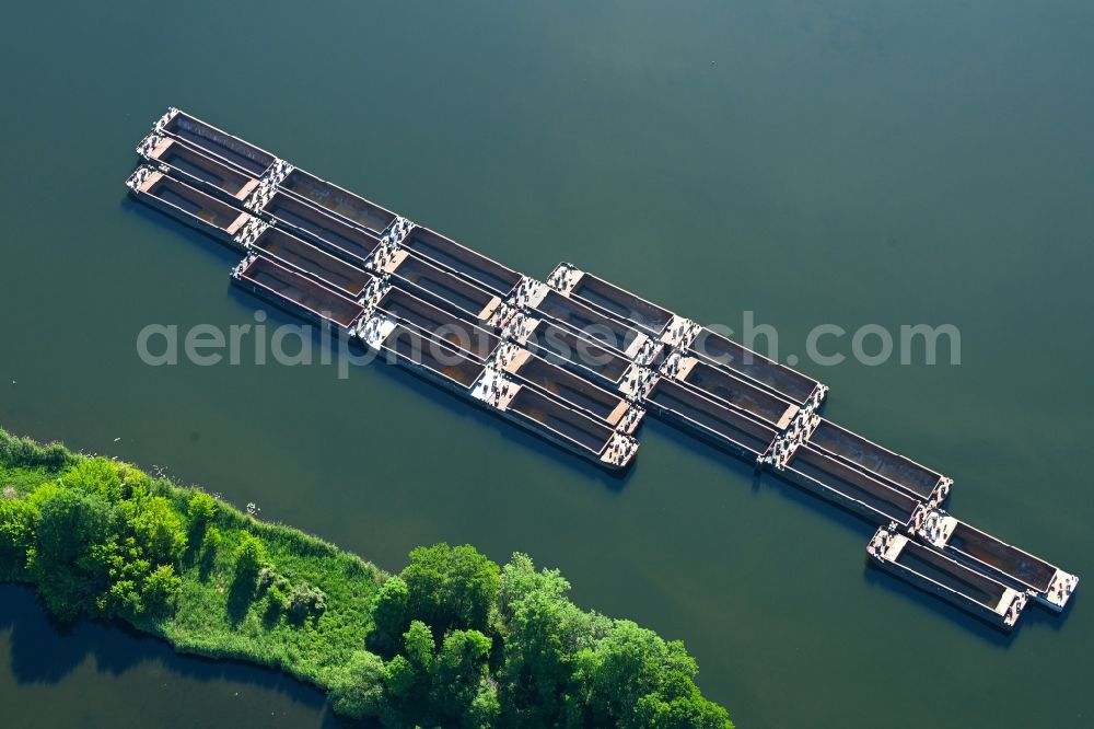 Aerial image Groß Kreutz (Havel) - Barge towing formations - trains inland waterway transport in driving on the waterway of the river of Havel at the Trebelsee in Gross Kreutz (Havel) in the state Brandenburg, Germany
