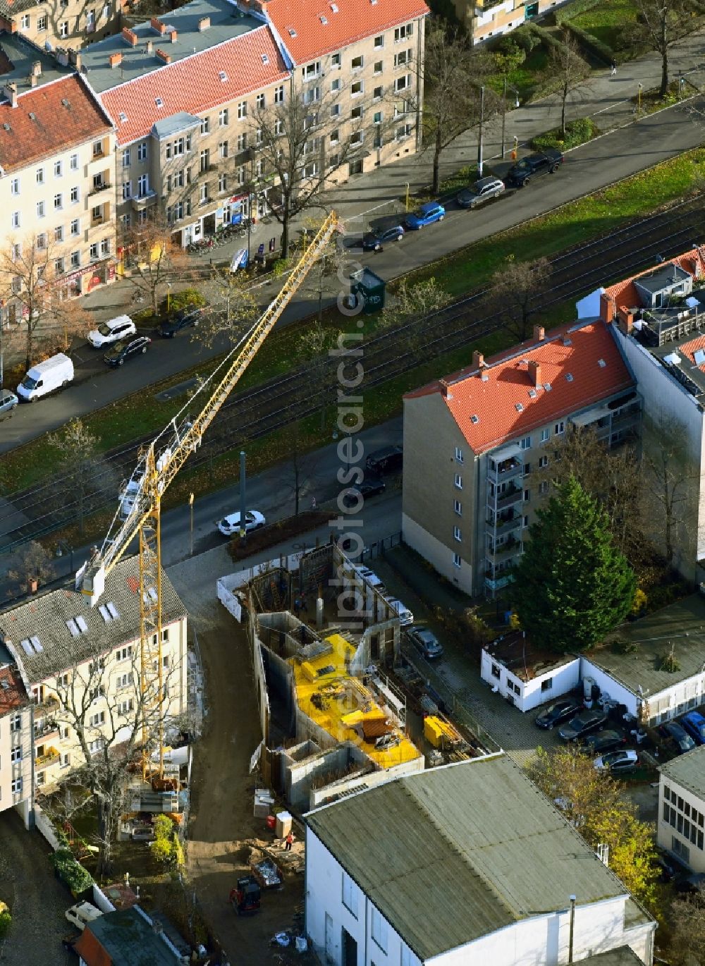 Aerial image Berlin - Construction site for the construction of gaps along the multi-family house residential housing estate Berliner Strasse in the district Pankow in Berlin, Germany