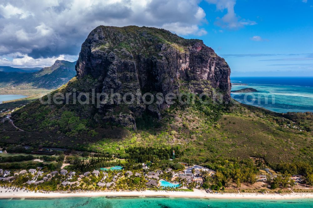 Le Morne from the bird's eye view: View over La Gaulette to the prominent mountain Le Morne Brabant at the south-west coast of the island Mauritius at the Indian Ocean